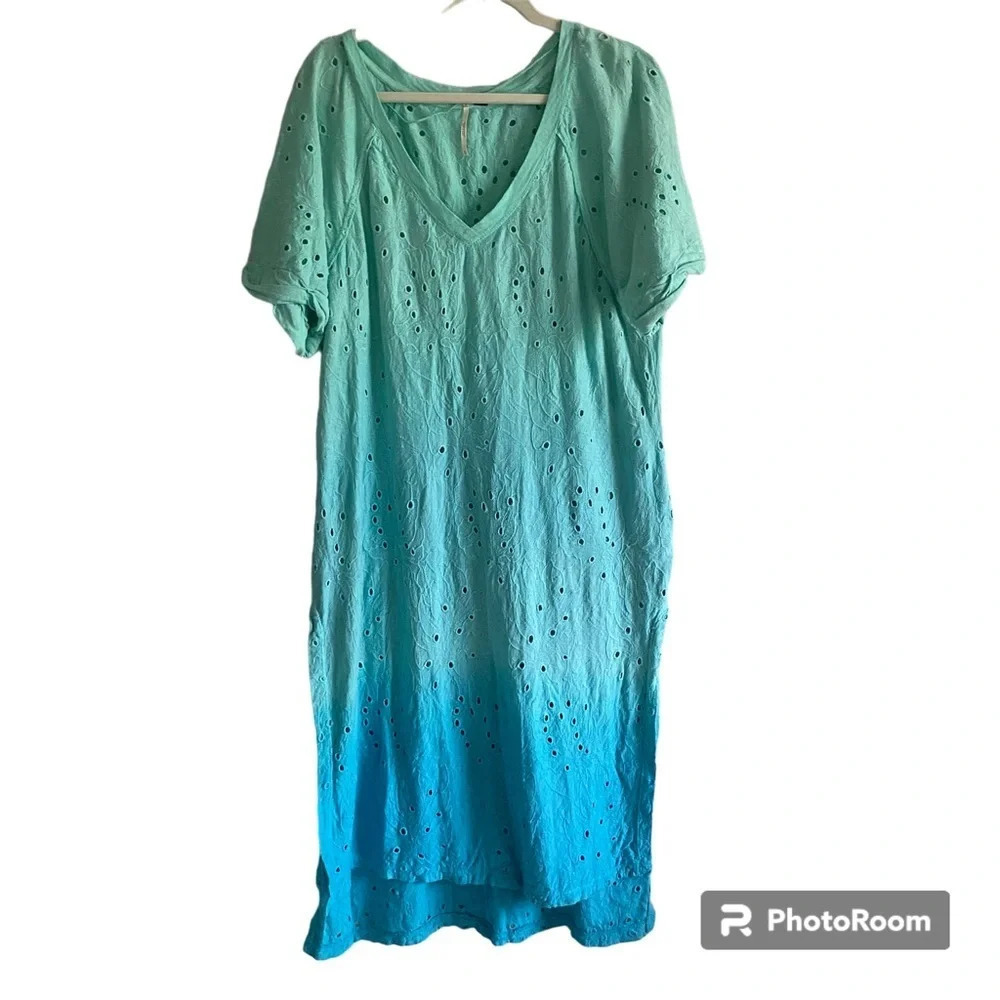 FREE People Blue Ombre Cotton Linen Boho Oversized Beach Cover Up Dress Size S